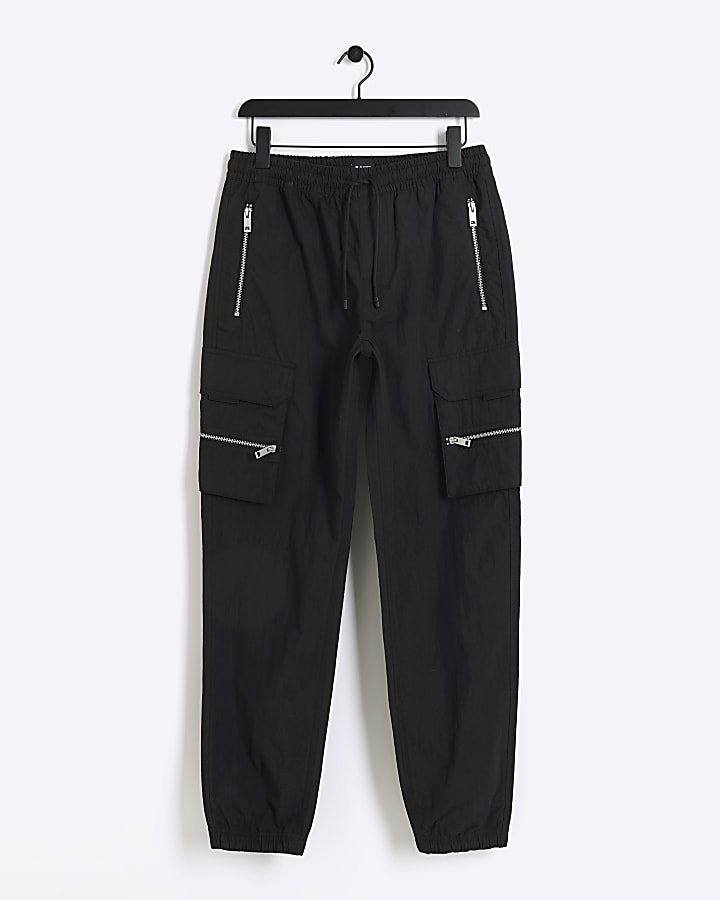 Black regular fit zip cargo trousers