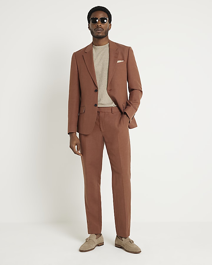 Rust slim fit linen blend suit trousers