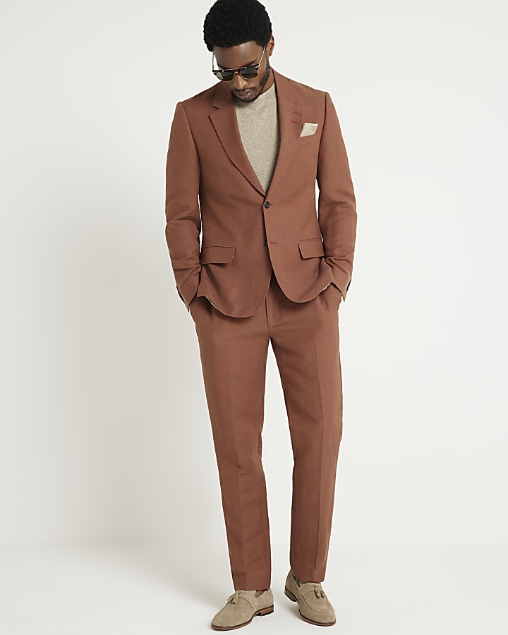 Rust slim fit linen blend suit trousers