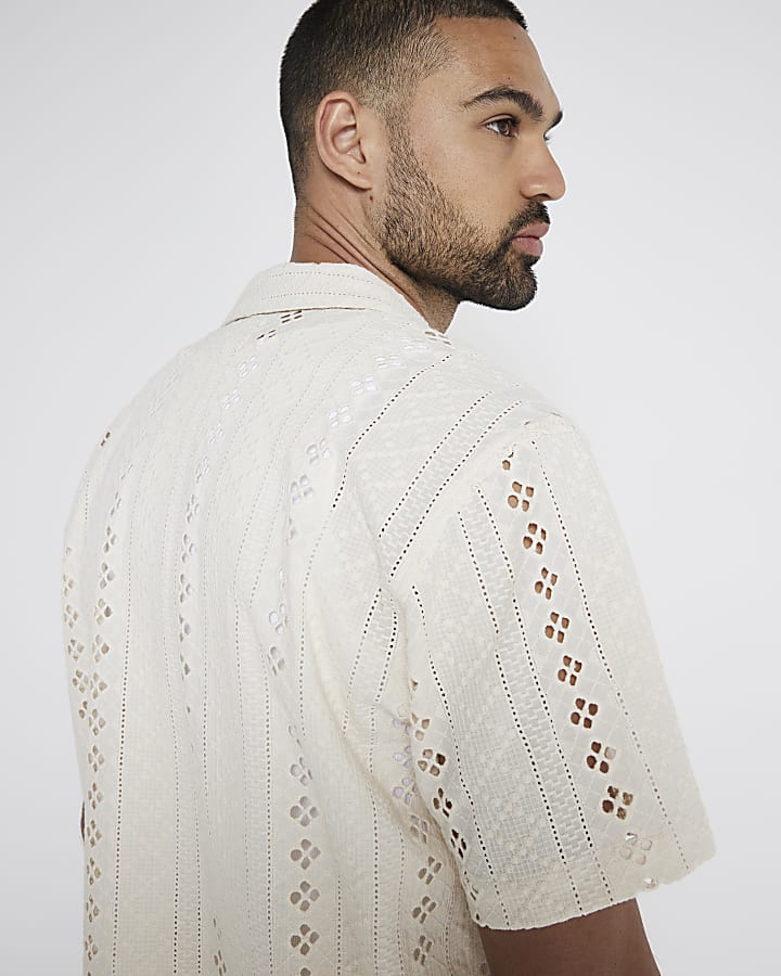 Beige regular fit crochet revere shirt