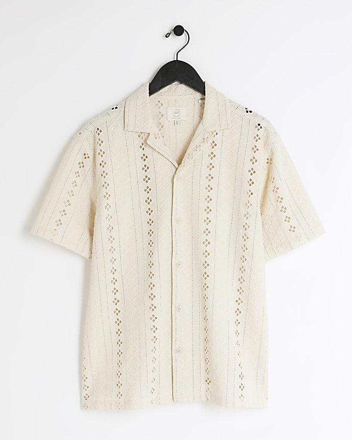 Beige regular fit crochet revere shirt