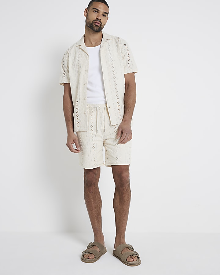 Beige regular fit crochet revere shirt