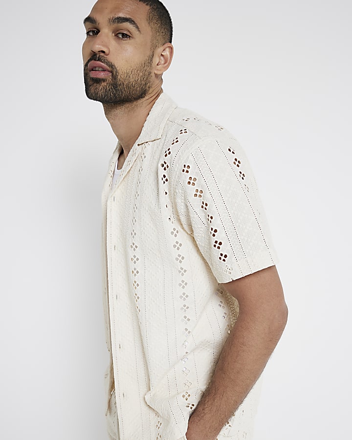 Beige regular fit crochet revere shirt