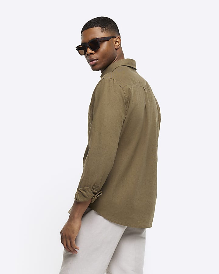 Khaki regular fit linen blend shirt