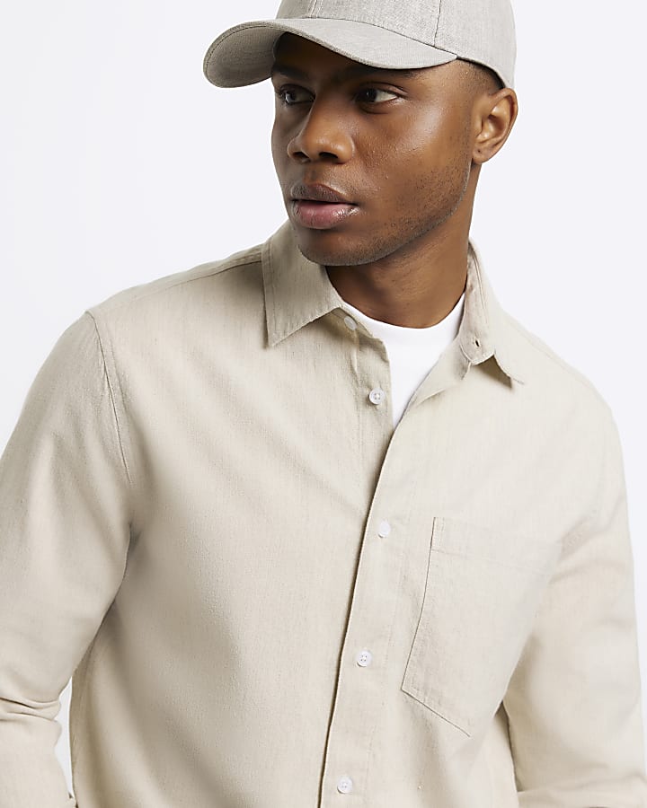 Beige regular fit linen blend shirt