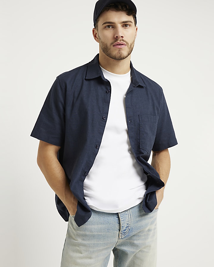 Navy regular fit linen blend shirt