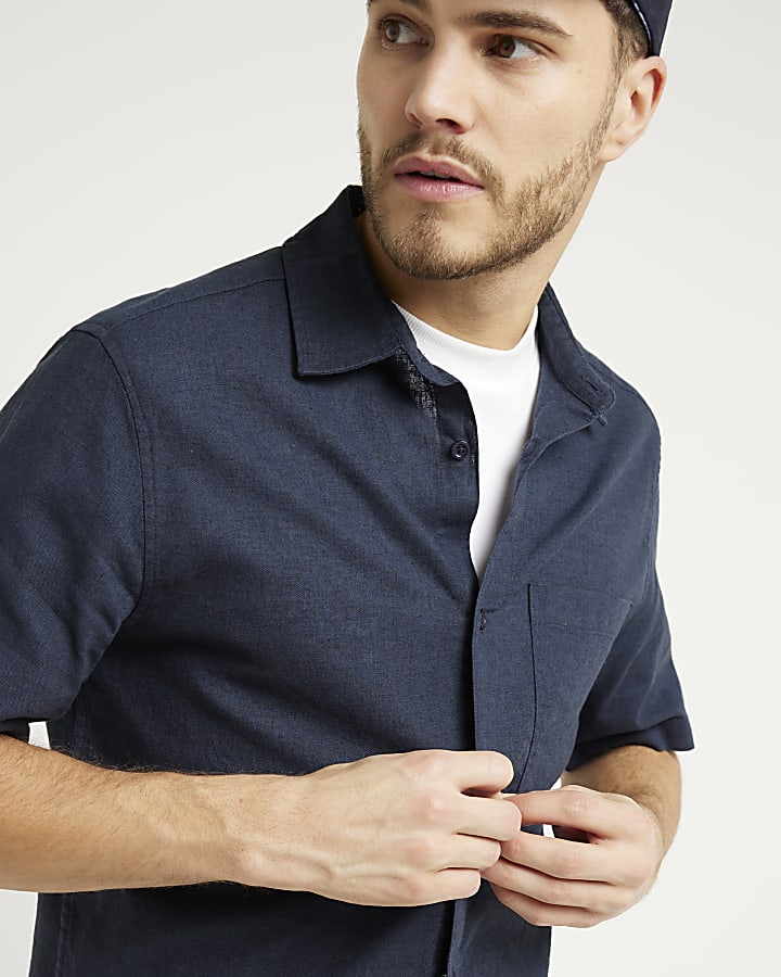 Navy regular fit linen blend shirt