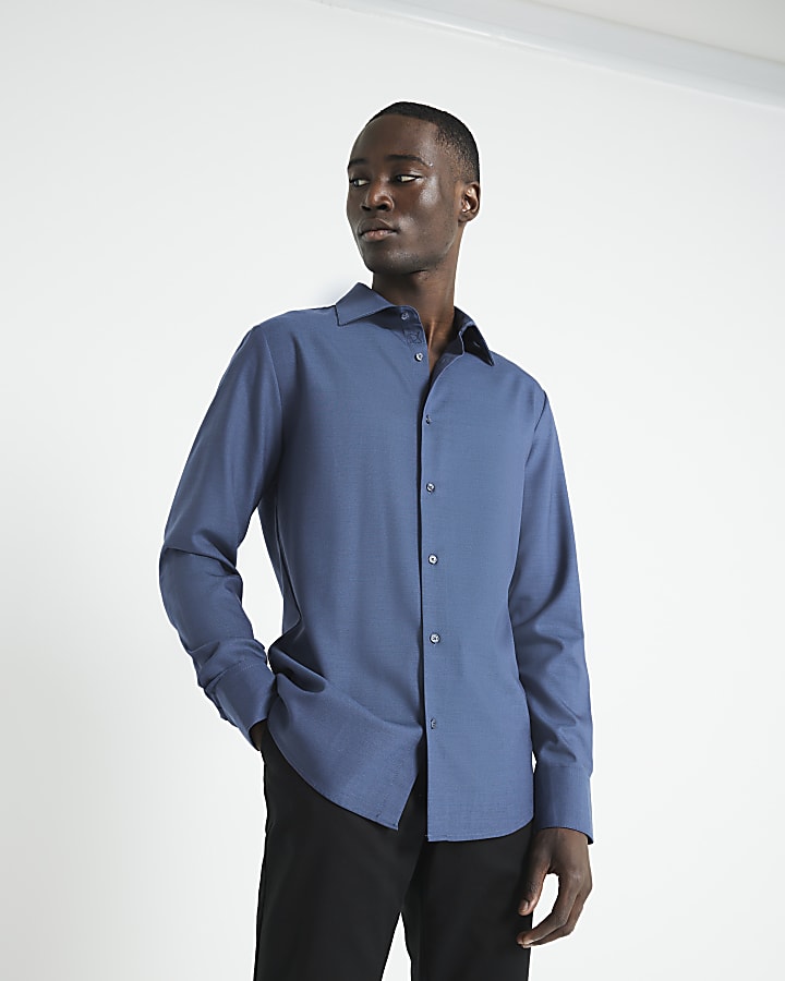Navy slim fit tencel smart shirt