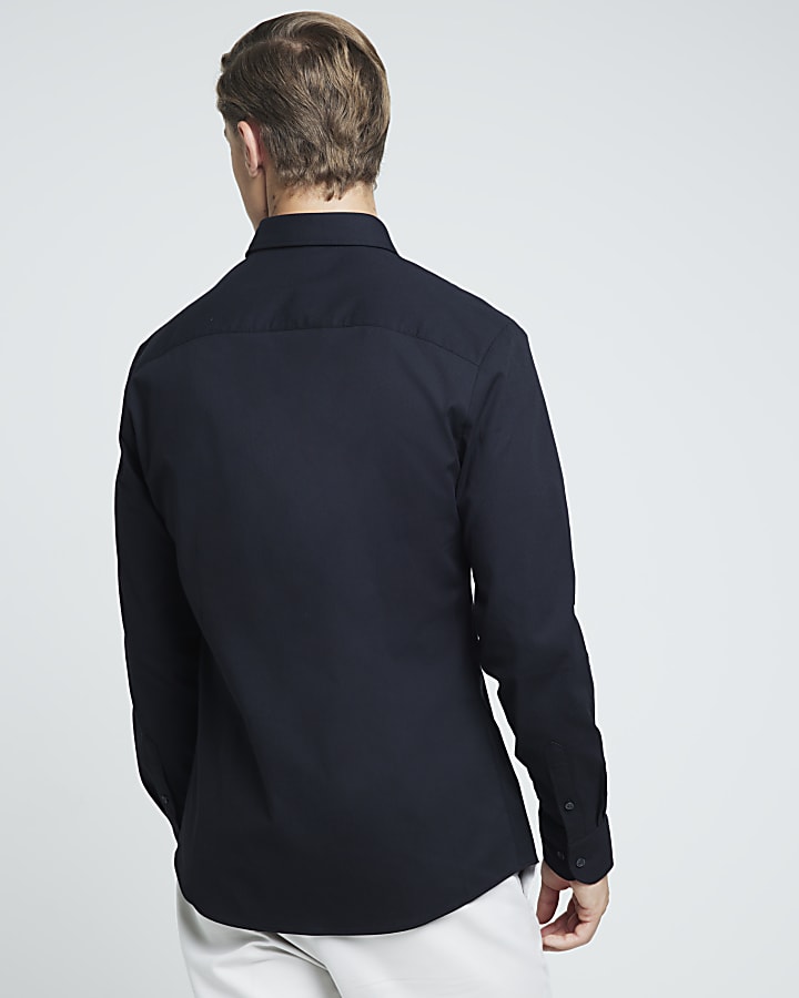 Black muscle fit textured stretch smart shirt
