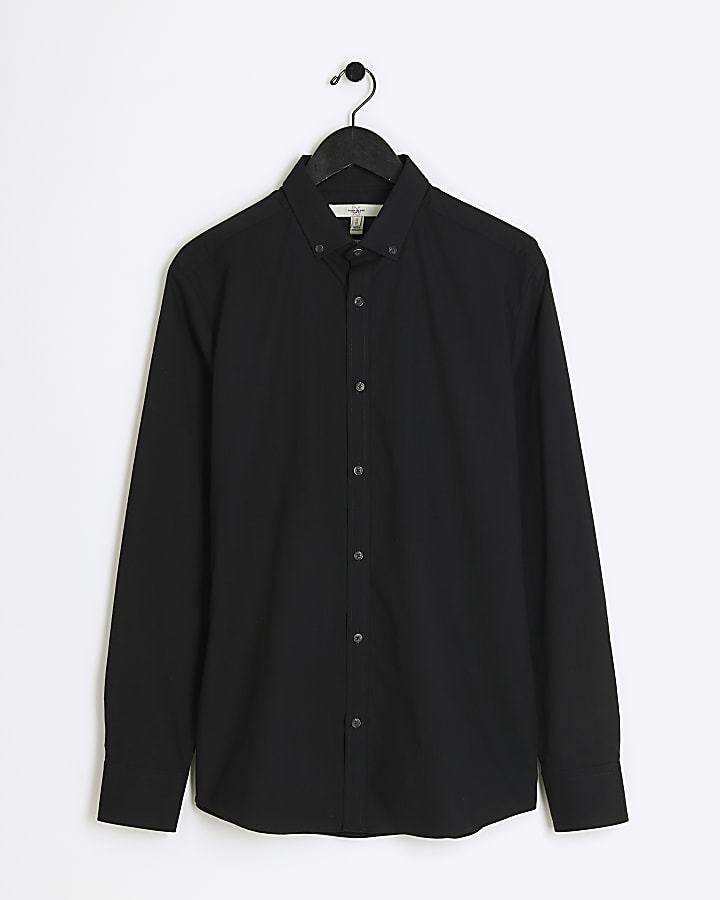 Black muscle fit textured stretch smart shirt