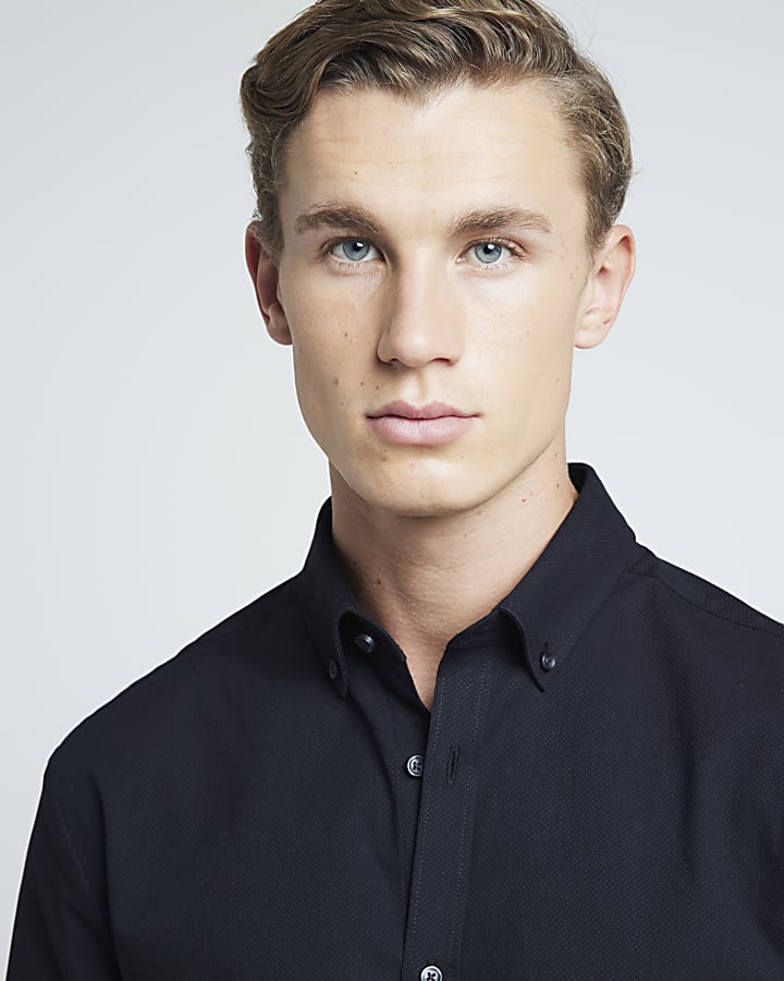 Black muscle fit textured stretch smart shirt