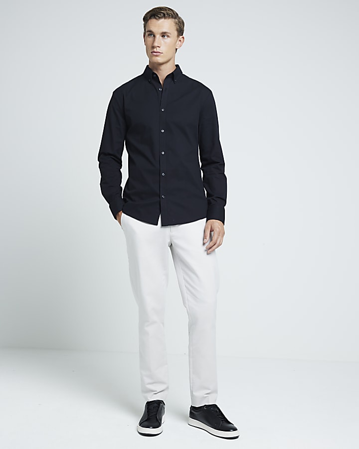 Black muscle fit textured stretch smart shirt