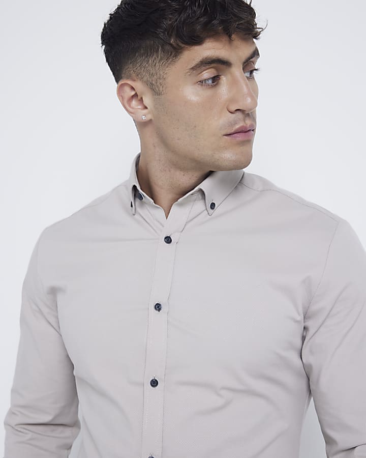 Beige muscle fit stretch textured smart shirt