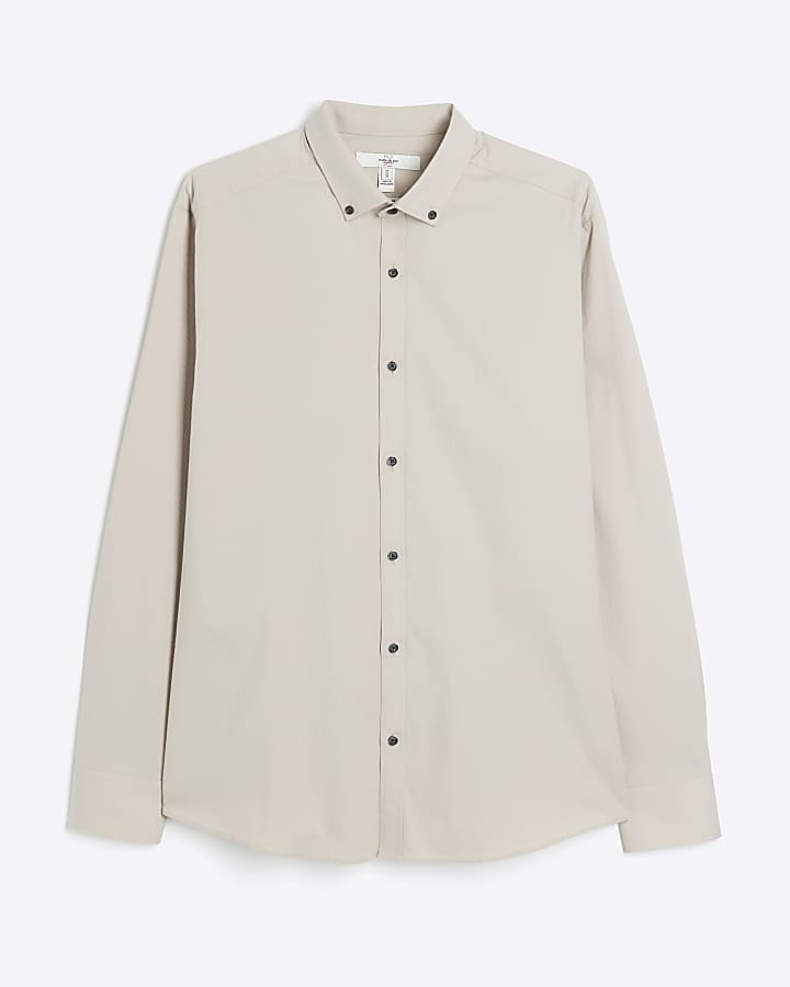 Beige muscle fit stretch textured smart shirt