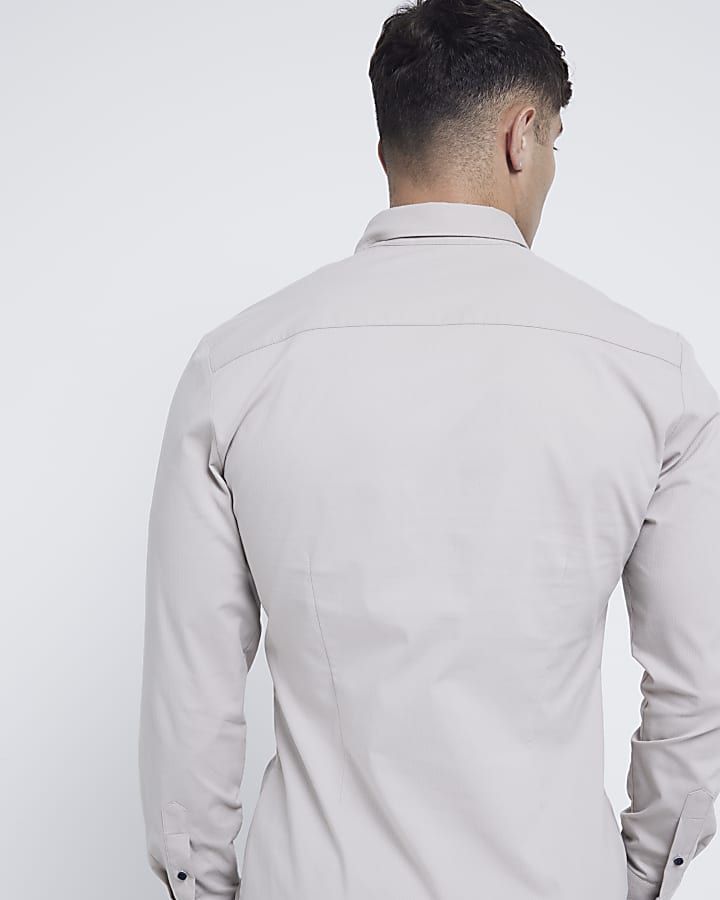Beige muscle fit stretch textured smart shirt