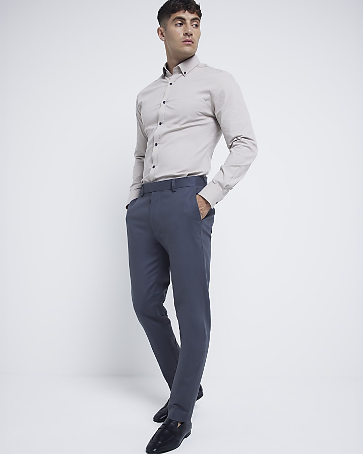 Beige muscle fit stretch textured smart shirt