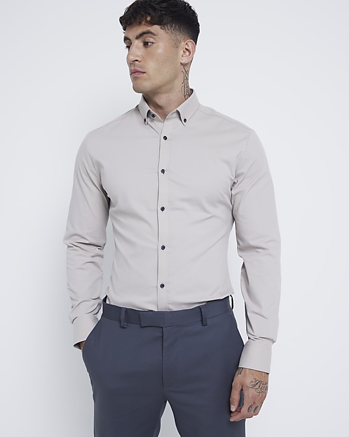 Beige muscle fit stretch textured smart shirt