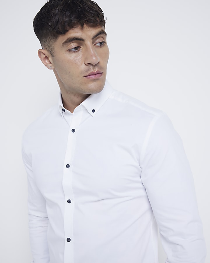 White muscle fit stretch textured smart shirt