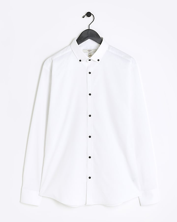 White muscle fit stretch textured smart shirt