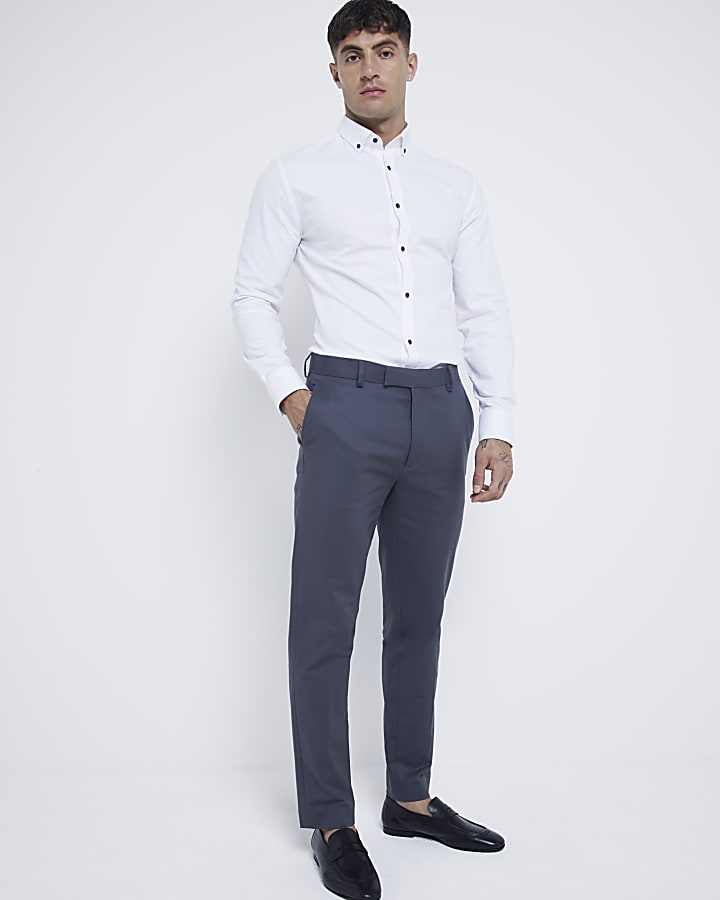 White muscle fit stretch textured smart shirt