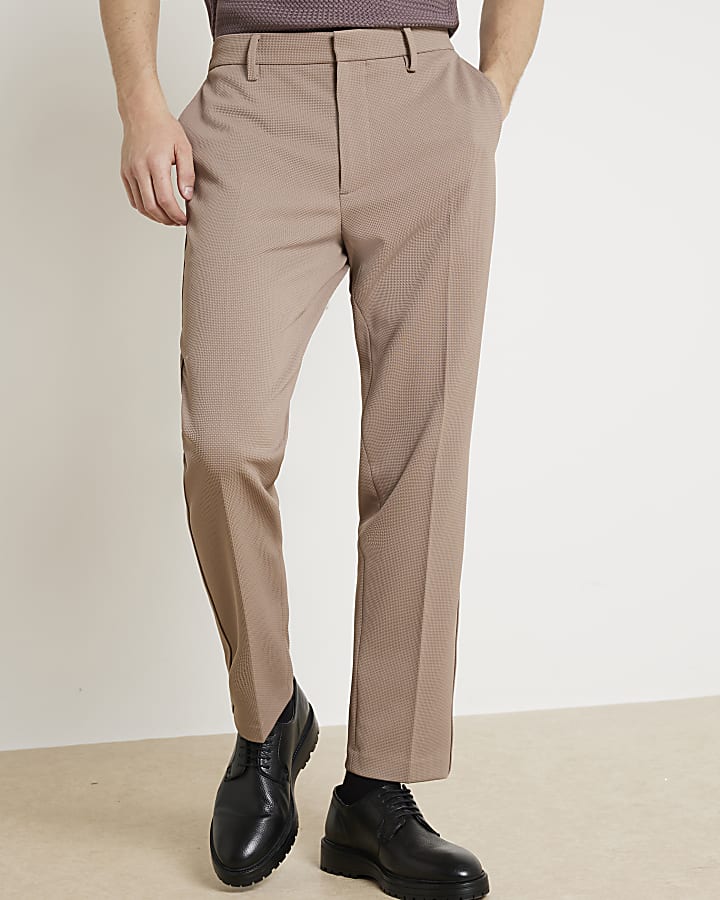 Beige slim fit waffle textured smart trousers