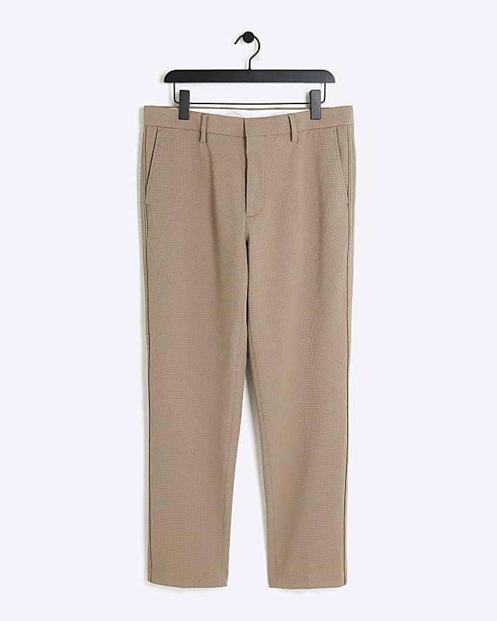 Beige slim fit waffle textured smart trousers