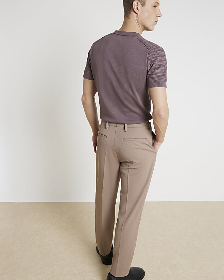 Beige slim fit waffle textured smart trousers