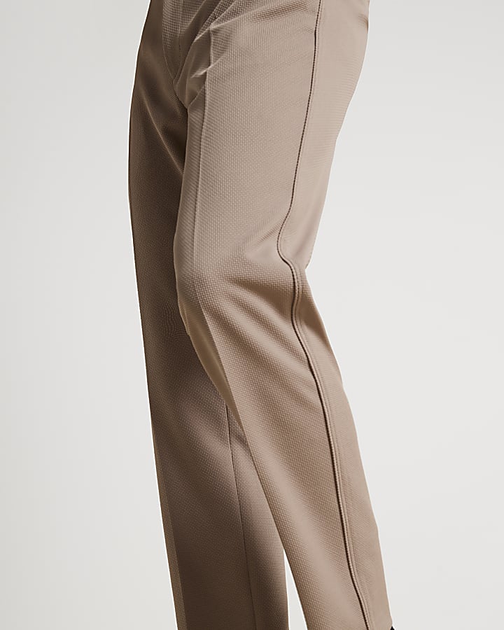 Beige slim fit waffle textured smart trousers