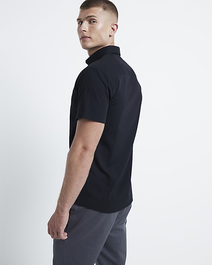 Black muscle fit stretch textured smart shirt