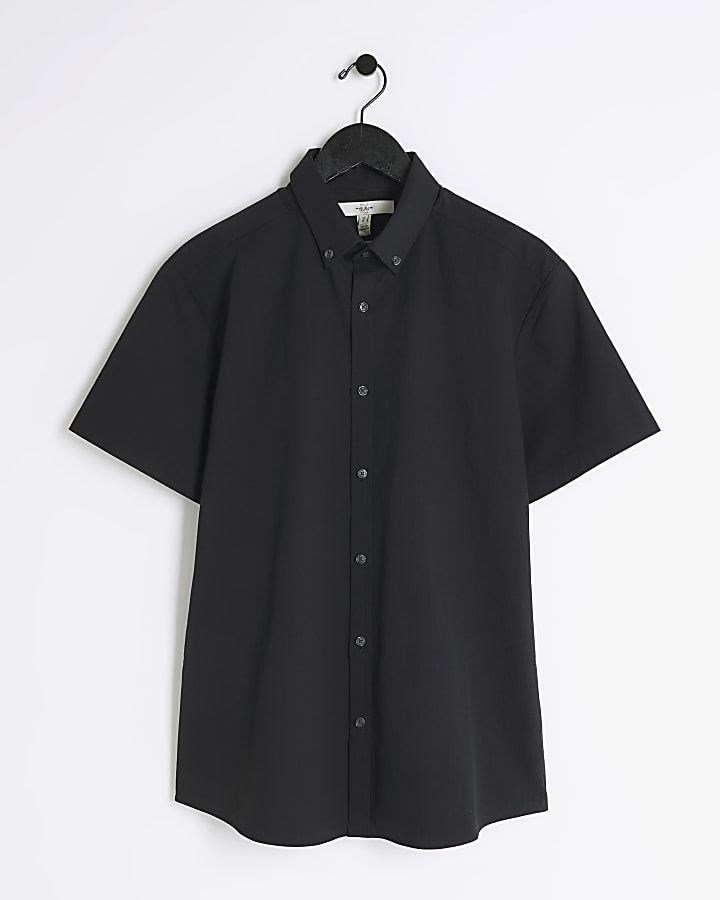 Black muscle fit stretch textured smart shirt