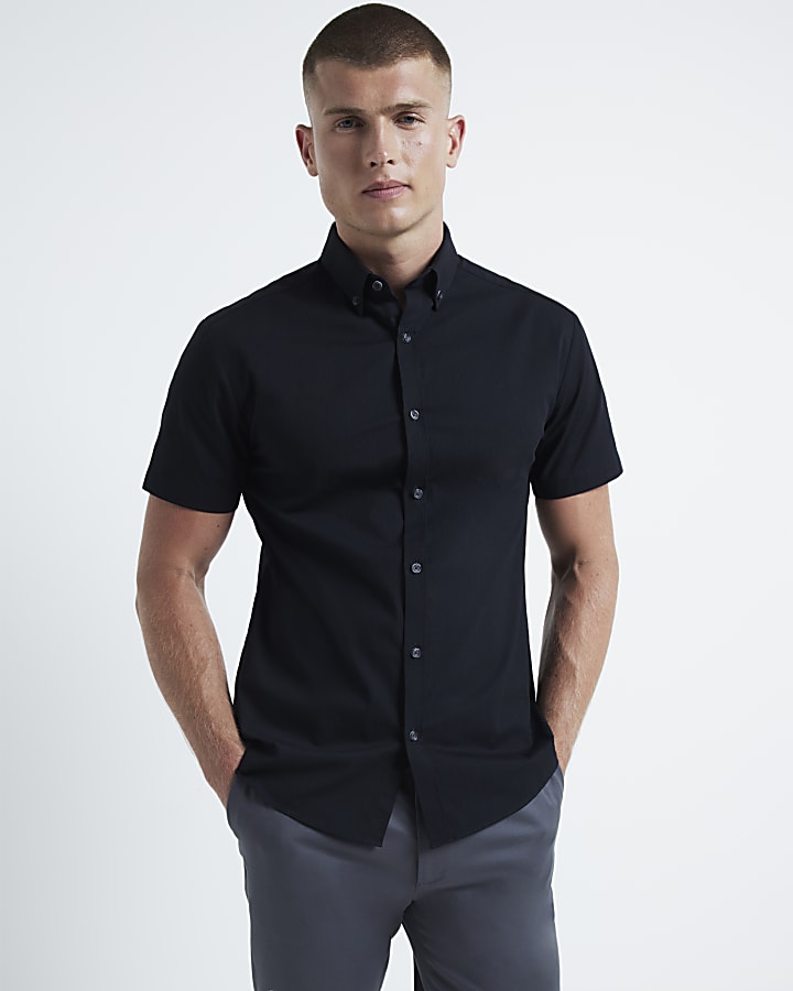 Black muscle fit stretch textured smart shirt