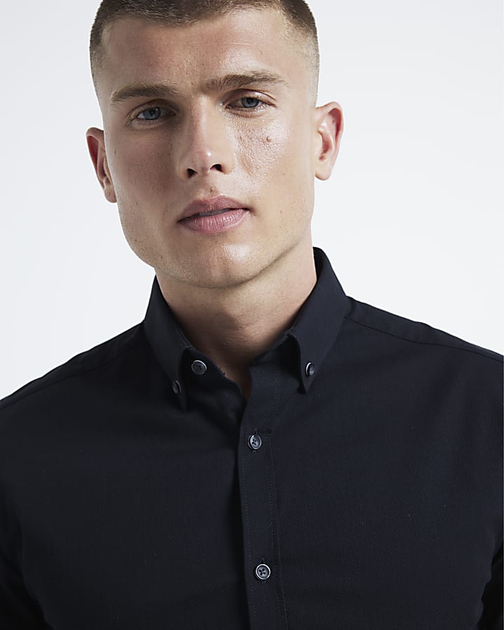 Black muscle fit stretch textured smart shirt