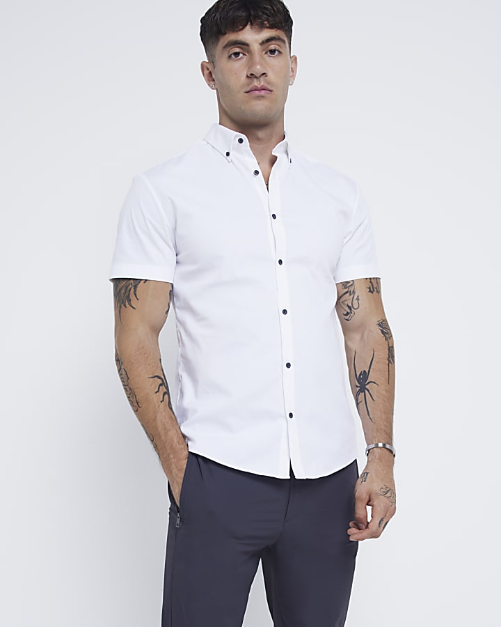 White muscle fit textured stretch smart shirt