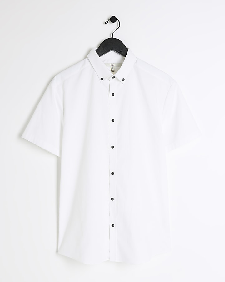 White muscle fit textured stretch smart shirt