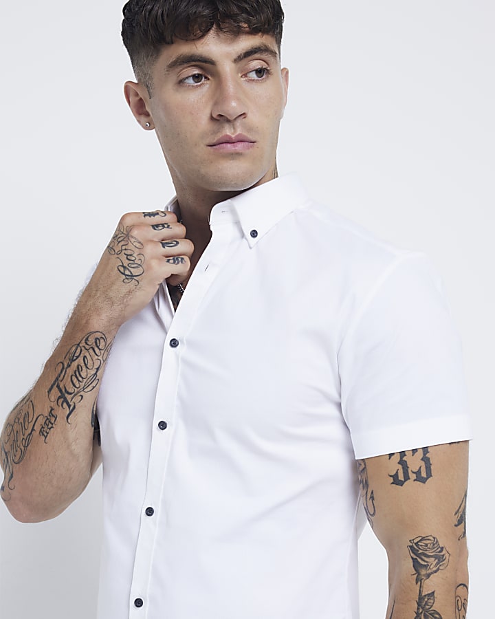 White muscle fit textured stretch smart shirt