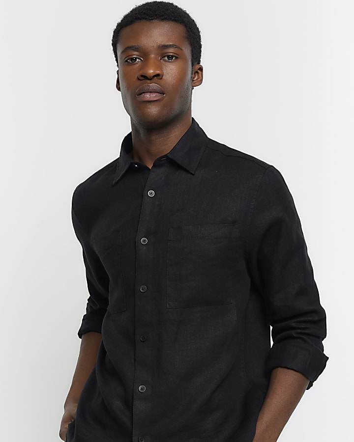 Black regular fit linen shirt