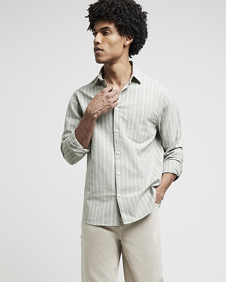 Green regular fit linen blend stripe shirt