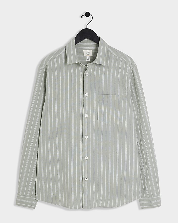 Green regular fit linen blend stripe shirt