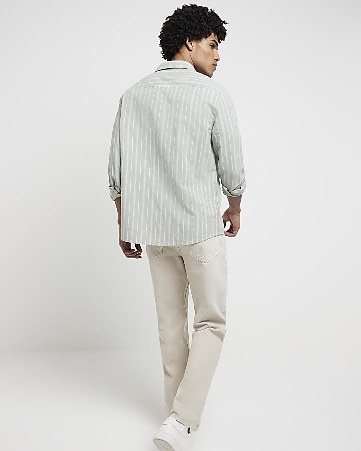 Green regular fit linen blend stripe shirt