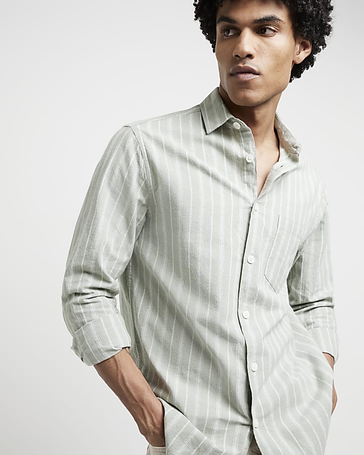 Green regular fit linen blend stripe shirt