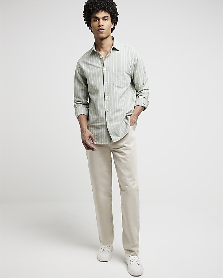 Green regular fit linen blend stripe shirt