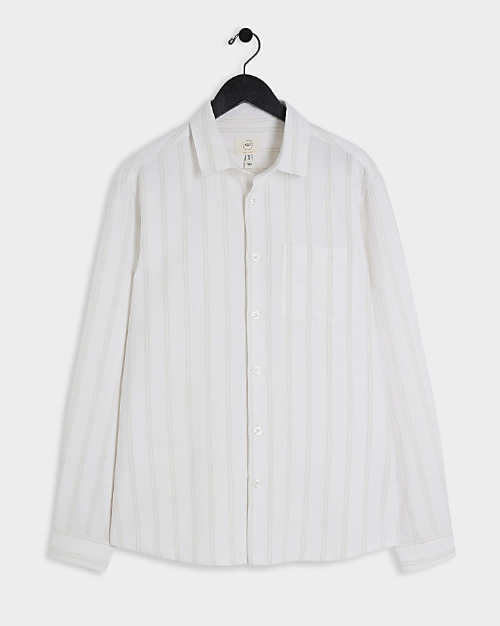 White regular fit linen blend stripe shirt