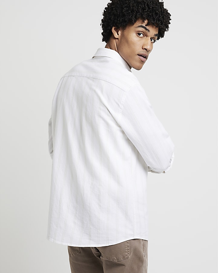 White regular fit linen blend stripe shirt