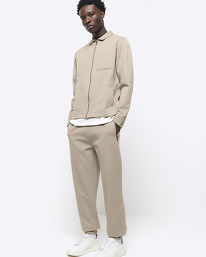 Beige slim fit textured smart joggers