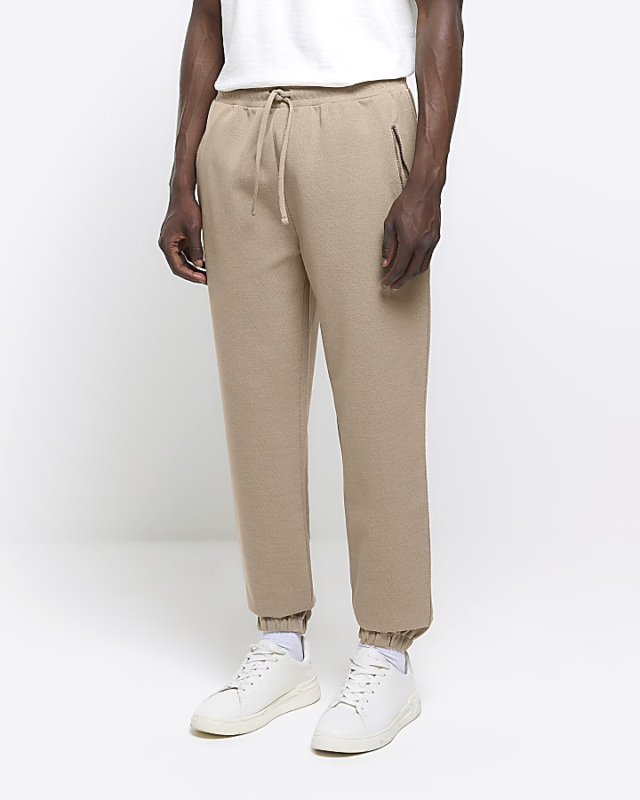 Beige slim fit textured smart joggers