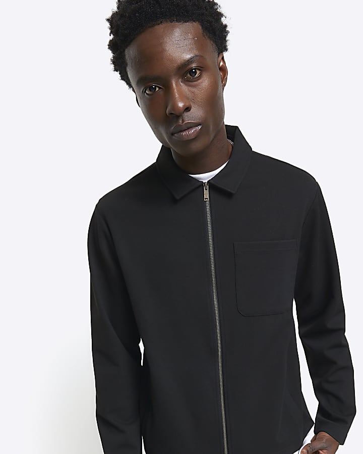 Black slim fit textured zip up sweatshirt