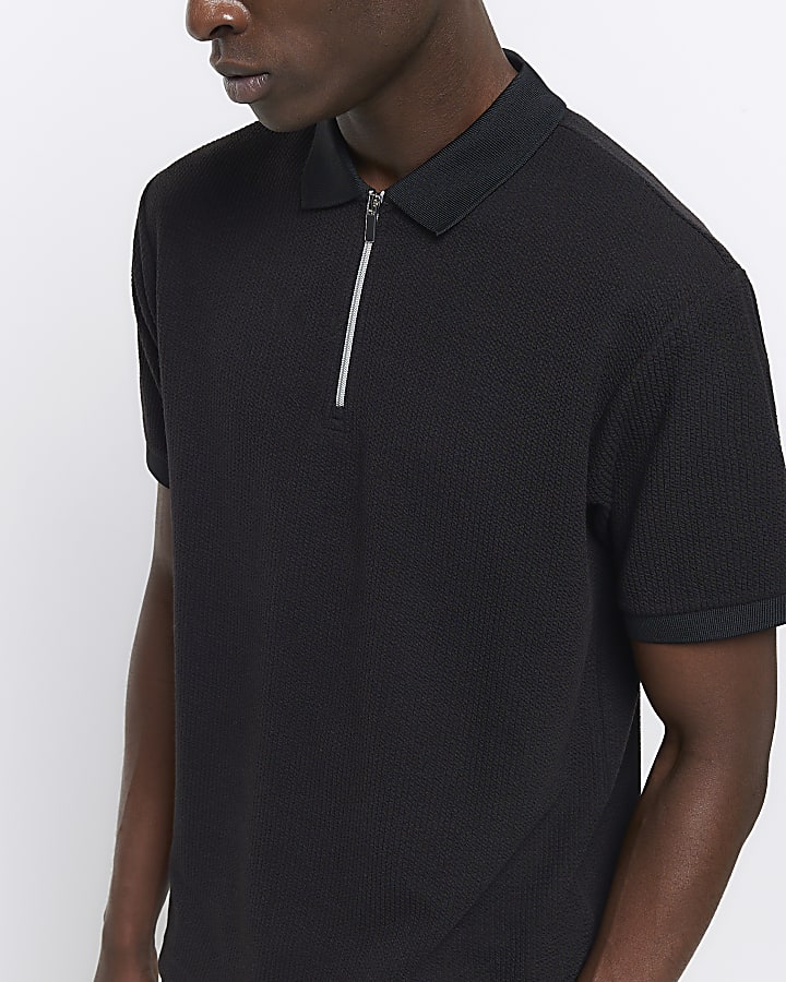 Black regular fit smart texture zip neck polo