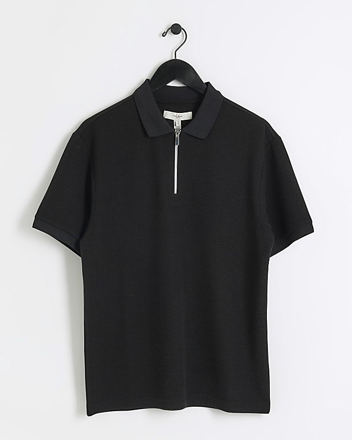 Black regular fit smart texture zip neck polo