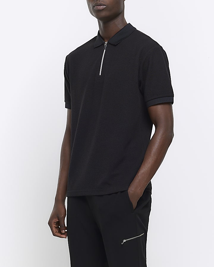 Black regular fit smart texture zip neck polo