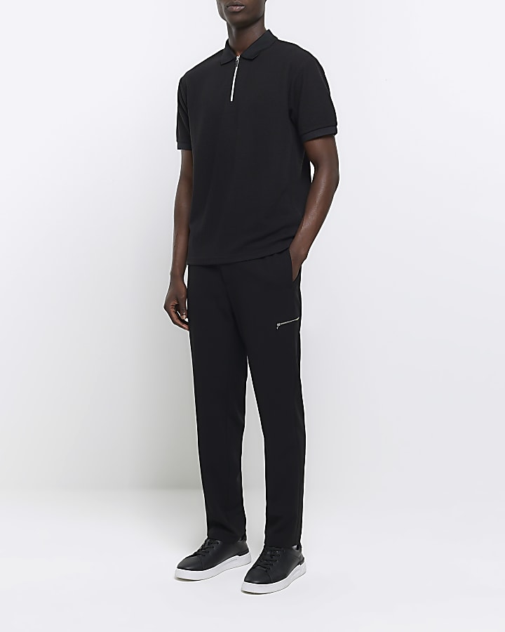 Black regular fit smart texture zip neck polo